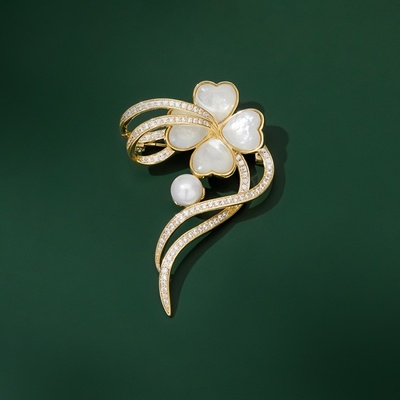 Éternelle brož s perlou a zirkony Juliana květina B2298-XH2276 zlatá