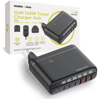 Mobile Origin Захранване за ел. мрежа за лаптопи, смартфони и таблети с 3xUSB-A и 3xUSB-C изходи с технология за бързо зареждане и преходници за цял свят - Mobile Origin PW12 GaN Fast Wall Charger 140W (черен) (MO-CH140-PW12)