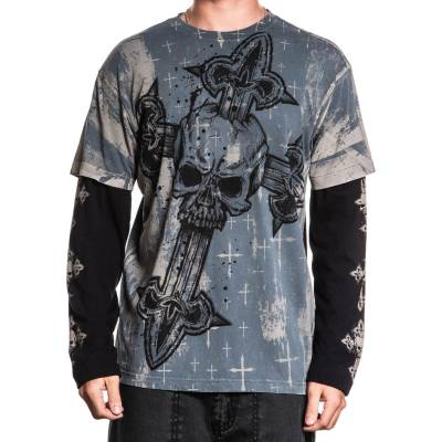 AFFLICTION мъжка тениска с дълъг ръкав affliction - cross 2fer - сиво/черно - a29596-ch
