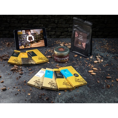 Domácí degustace čokolády s čokoládovnou Janek krabice osmi čokolád a oříškového krému