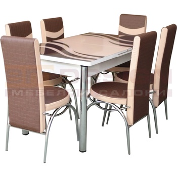 Трапезен комплект Кафяв, трапезна маса с 6 броя столове