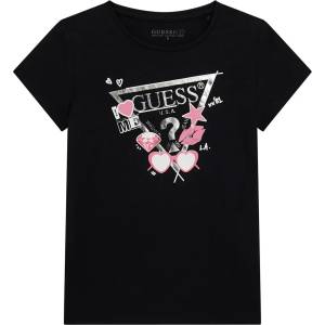 GUESS Черна тениска за момиче със сребристи и розови щампи Guess