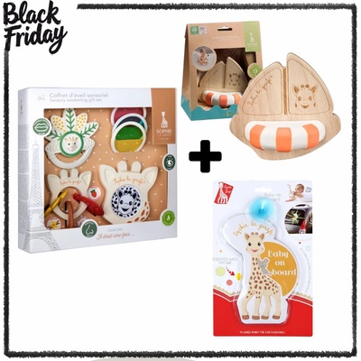 BF Combo: Жирафчето Софи сет за разавитие + знак бебе в колата + еко лодка за баня (S010512+S470213+S220203)