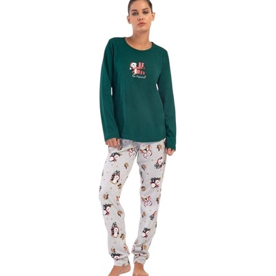 Дамска коледна макси пижама в зелено и сиво