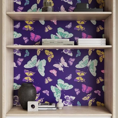 VaryPaper Motýlí tapeta tmavě fialová vintage samolepicí fólie vzor 44,5 cm x 200 cm nábytek fólie