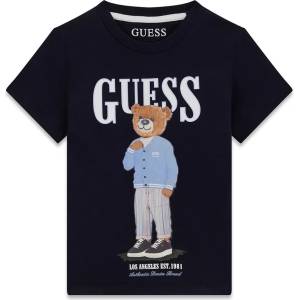 GUESS Тъмносиня тениска за мини момче с цветно мече отпред и бял надпис Guess
