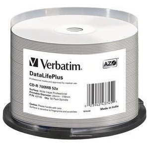 Verbatim CD-R(50-pack) шпиндел, AZO 52X, 700MB, БЯЛА ШИРОКА ПОВЪРХНОСТ ЗА ПЕЧАТ БЕЗ ID (43745)