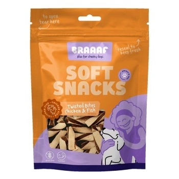 Braaaf - Меки лакомства за кучета, мини спирали с пилешко месо и риба, 85 гр