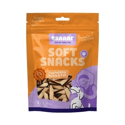 Braaaf - Меки лакомства за кучета, мини спирали с пилешко месо и риба, 85 гр