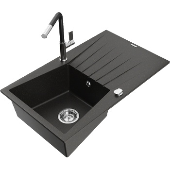 Mexen Cesar гранитна мивка с 1 отделение с отцеждач и кухненски смесител Flora, черен/златист металик - 6514-75-670401-07 (6514-75-670401-07)