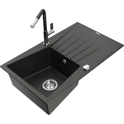 Mexen Cesar гранитна мивка с 1 отделение с отцеждач и кухненски смесител Flora, черен/златист металик - 6514-75-670401-07 (6514-75-670401-07)