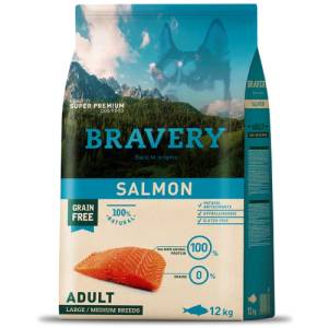 Bravery salmon adult dog medium & large, натурална, хипоалергенна храна, БЕЗ ЗЪРНО за пораснали кучета от средни и едри породи над 1 година, със сьомга, Испания - 12 кг
