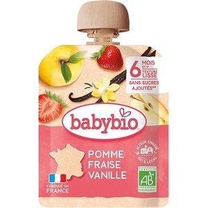 Babybio Био плодов мус Babybio - Ябълка, ягоди и ванилия, 6 м+, 90 g (3288131540009) - baby