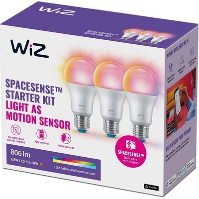 Philips WiZ 8720169075610 LED žiarovka E27, 8,8W, 806lm, 2200-6500K+RGB, A60, biela, stmievateľná, 3-set