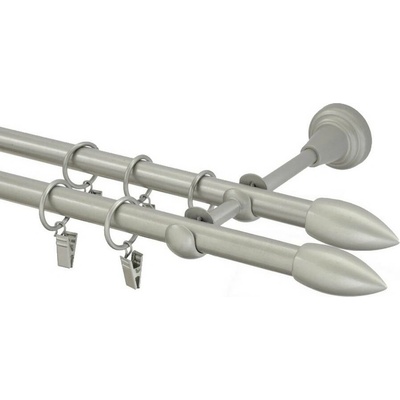 OK-GarnýžeCZ Garnýž kovová dvouřadá 16mm Špice double stříbrná mat 240 cm do stěny / kroužky s žabkou