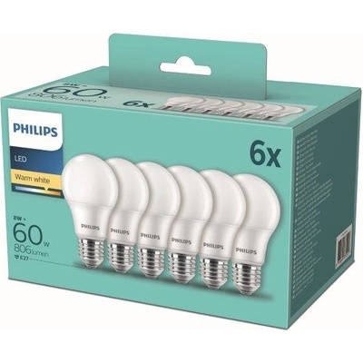 Philips 8718699775513 LED sada žárovek 6x8W-60W E27 806lm 2700K set 6ks, bílá