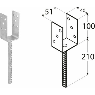 DomaxL zapustená pätka stĺpika typu U PSL 50 U - 51 x 40 x 100 x 4.0 mm 6 ks