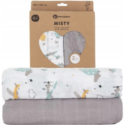 PETITE&MARS Prikrývka bambusová mušelínová 2ks Misty Grey Planes 2v1