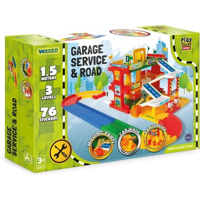 Wader Garáž servis 3 poschodia dráha 1,5 m 2 autá plast v krabici 59x40x15cm