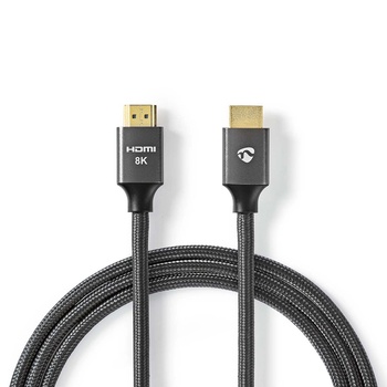 Nedis HDMI кабел, Ultra High Speed , HDMI мъжки / HDMI женски конектор, позлатен, 8K@60Hz, 48 Gbps, OFC, 2.00 m, кръгъл, 6.3 mm, антрацит, в кутия (CVTB35000GY20)
