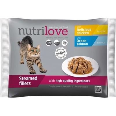 Nutrilove Dusené filetky s kuracím a lososom v omáčke 4 x 85 g