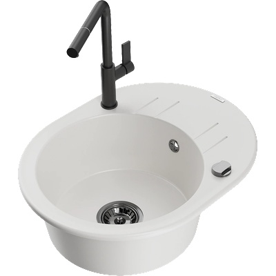 Mexen Kevin гранитна мивка с една камера с отцедник и кухненски смесител Flora, бял - 6517-20-670401-70-B (6517-20-670401-70-B)