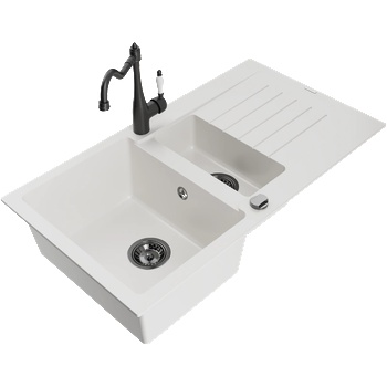 Mexen Matias гранитна мивка 1, 5-камерна с отцедник и кухненски смесител Carla, бял - 6502-20-670700-70 (6502-20-670700-70)