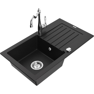 Mexen Pablo мивка от гранит с 1 камера с отцедник и кухненски смесител Carla, черен - 6510-77-670700-00 (6510-77-670700-00)