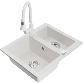 Mexen Carlos гранитна мивка с 1, 5 камери и кухненски смесител Elia, бяла - 6518-20-670101-20 (6518-20-670101-20)