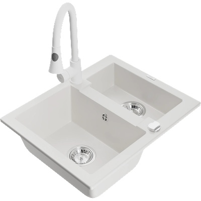 Mexen Carlos гранитна мивка с 1, 5 камери и кухненски смесител Elia, бяла - 6518-20-670101-20 (6518-20-670101-20)