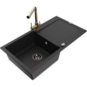 Mexen Leo гранитна мивка с 1 отделение и отцедник и кухненски смесител Duero, черен - 6501-77-671600-50-B (6501-77-671600-50-B)