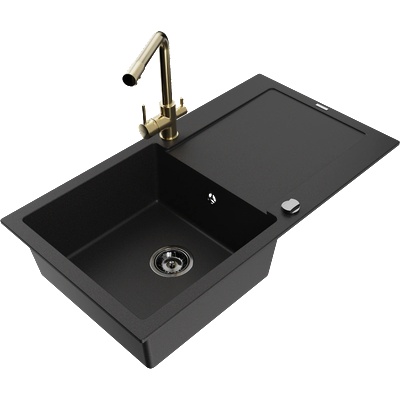 Mexen Leo гранитна мивка с 1 отделение и отцедник и кухненски смесител Duero, черен - 6501-77-671600-50-B (6501-77-671600-50-B)
