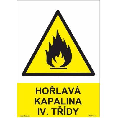 DUKO HOŘLAVÁ KAPALINA IV. TŘÍDY Formát: 210 x 297 mm, Materiál: plast 5 mm, samolepící vinylová fólie