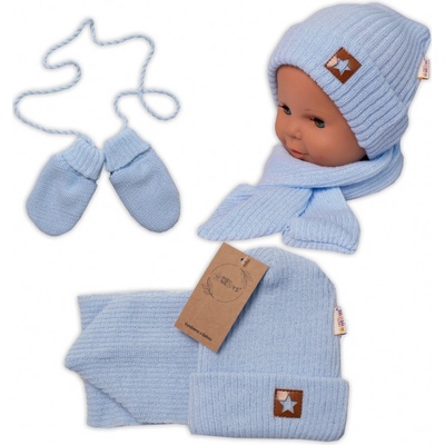 Baby Nellys Pletená čiapka so šálom a rukavičky 3v1, STAR sv. modrá