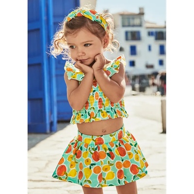 Mayoral Комплект пола total look аква с плодове, с потник и лента за глава за мини момиче Майорал