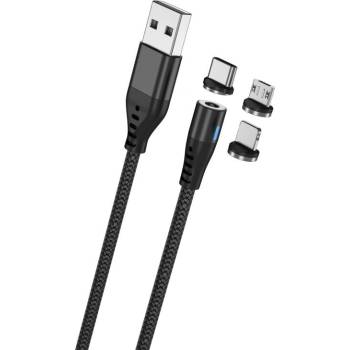 Maxlife MXUC-02 magnetický USB - Lightning + USB-C + microUSB, 2A, 1m, černý
