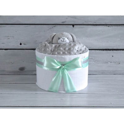 TortaNEtorta Mini plienková torta s uspávacím medvedíkom Mint stuha a neutrálna náplň Korpus plienkovej torty: Tetra plienka Bábätko sa narodilo a má asi mesiac