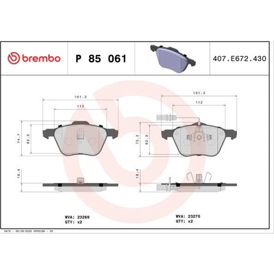 Sada brzdových destiček, kotoučová brzda BREMBO P 85 061