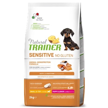 Natural Trainer Dog Sensitive No Gluten Mini Puppy & Junior with Salmon - храна за подрастващи кучета, БЕЗ ГЛУТЕН, под 1 година, от мини породи, с чувствителни стомаси, със сьомга - 2 кг, Италия - 925236