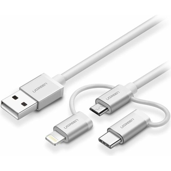 UGREEN Кабел Ugreen 50203, от USB A(м) към USB Micro B(м)/USB C(м)/Lightning(м), 1m, бял (50203)