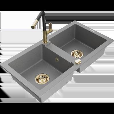 Mario гранитна мивка с 2 камери и кухненски смесител Flora, сив - 6504-71-670401-57-G (6504-71-670401-57-G)