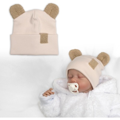 Baby Nellys Dvouvrstvá žebrovaná čepička s oušky boucle medvídek béžová