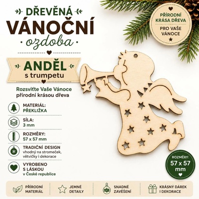 ADVIPO Dřevěný vánoční anděl s trumpetou 57 × 57 mm