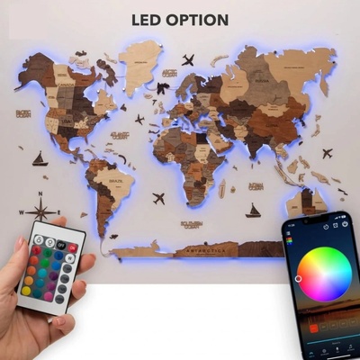 LED mapa na zeď 3D dřevěná s RGB LED podsvícením (App mobil + dálkové) - 200cm x 120cm