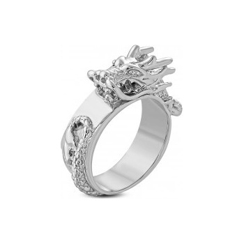 Šperky eshop Mohutný oceľový prsteň striebornej farby lesklý vypuklý čínsky drak H9.01