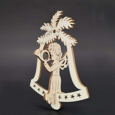 AMADEA Dřevěná ozdoba 3D zvonek anděl s lesním rohem 9 cm