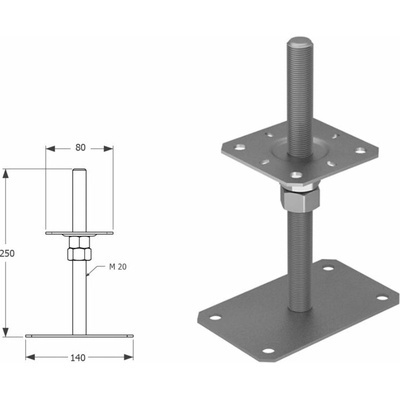 Domax zaskrutkovacia pätka stĺpika nastaviteľná závitová PSRP 80 - 80 x 140 x 250 x 3 mm 4 ks