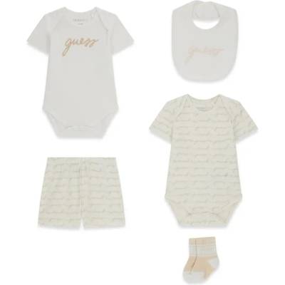 Guess Две къси бодита, къси панталони, чорапи и лигавник в бяло и бежово за бебе Guess