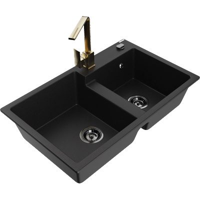 Mexen Tomas гранитна кухненска мивка с две корита и кухненски смесител Rita, черен - 6516-77-670300-50-B (6516-77-670300-50-B)
