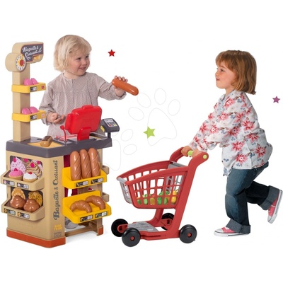 Smoby Set pekáreň s koláčmi Baguette&Croissant Bakery s elektronickou pokladňou a nákupný vozík s potravinami